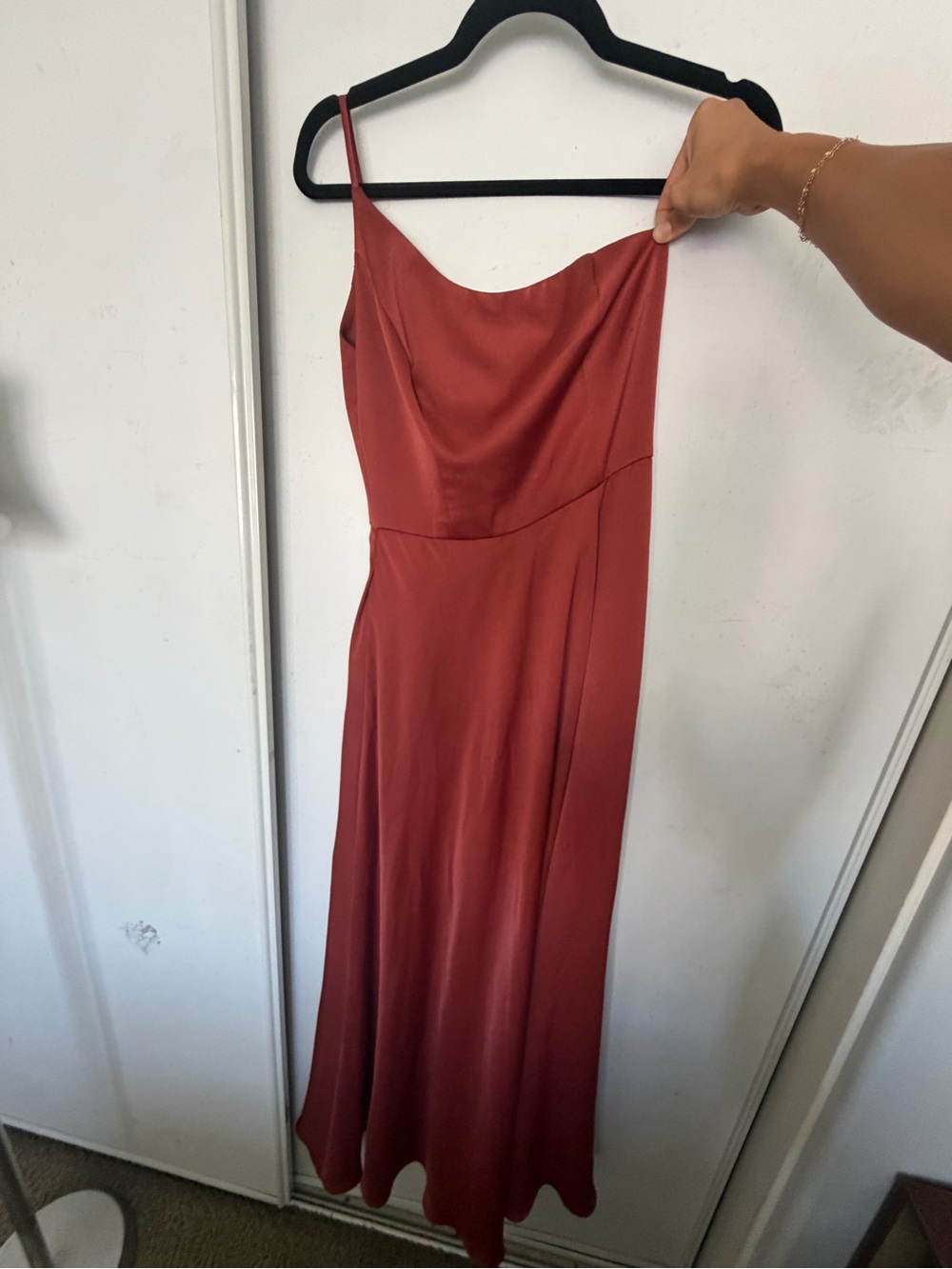 David's Bridal Rust silk Dress one shoulder
